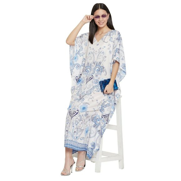 Women's White Floral Caftan Beach Cover Up Full Length Maxi Gown Dresses - Picture 4 of 7